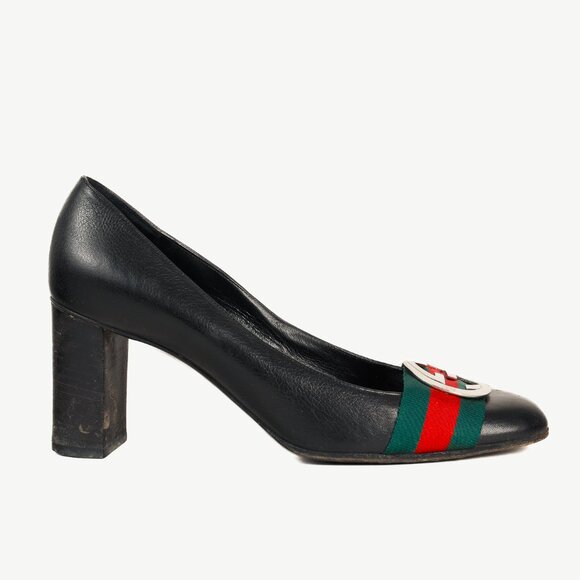 Gucci Black Leather Signature Webbing Logo Round-Toe Pumps - Picture 2 of 11